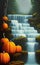 Cosy Halloween landcsape with pumpkins and a waterfall