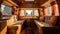 Cosy Interior of motor home camping car, furnishing decor of salon area, comfortable modern caravan house