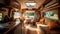 Cosy Interior of motor home camping car, furnishing decor of salon area, comfortable modern caravan house