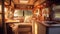 Cosy Interior of motor home camping car, furnishing decor of salon area, comfortable modern caravan house