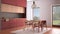 Cosy red and wooden kitchen with dining table and chairs, carpet and pendant lamp, panoramic windows, garden meadow, tree,