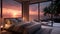 Cosy and romantic bedroom with bed and view from the window sunset over the ocean