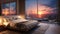 Cosy and romantic bedroom with bed and view from the window sunset over the ocean
