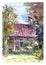 Cosy romantic watercolor fall landscape. Country house in the autumn garden.