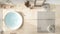 Cosy wooden peaceful bathroom in beige tones, big bathtub, ceramic tiles floor, carpet with sofa, round poufs, mirror, spa, hotel