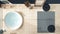 Cosy wooden peaceful bathroom in blue tones, big bathtub, ceramic tiles floor, carpet with sofa, round poufs, mirror, spa, hotel