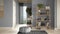 Cosy wooden peaceful bathroom in gray tones, ceramic tiles floor, carpet, round poufs, shelves and sink, door. Window with tree