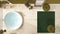 Cosy wooden peaceful bathroom in green tones, big bathtub, ceramic tiles floor, carpet with sofa, round poufs, mirror, spa, hotel