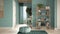 Cosy wooden peaceful bathroom in turquoise tones, ceramic tiles floor, carpet, round poufs, shelves and sink. Window with tree and