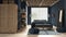 Cosy wooden peaceful bedroom in blue tones, double bed with pillows and blankets, ceramic tiles floor, carpet, poufs, mirror and