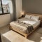 Cosy wooden peaceful bedroom in dark tones double bed with pillows and blankets ceramic tiles floor carpet poufs shelves and