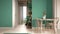 Cosy wooden sustainable dining room in turquoise tones with panoramic window and bamboo ceiling. Table, chairs, potted plants,
