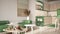 Cosy wooden sustainable kitchen and living room in green tones with modern sofa and coffee tables. Tea time, glass teapot and