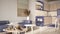 Cosy wooden sustainable kitchen and living room in purple tones with modern sofa and coffee tables. Tea time, glass teapot and