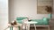 Cosy wooden sustainable living room in turquoise tones with modern sofa, blanket and coffee tables. Tea time, glass teapot and