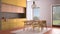 Cosy yellow and wooden kitchen with dining table and chairs, carpet and pendant lamp, panoramic windows, garden meadow, tree,