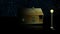 Cottage against night sky with Milky Way and arctic Northern lights Aurora Borealis in night landscape. Lamp illuminates and casts