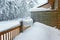 Cottage balcony covered with snow in Ruka in Finland on the Arctic pole circle
