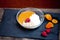 Cottage cheese, apricot puree, muesli, dried apricots and raspb