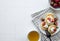 Cottage cheese pancakes, ricotta fritters on ceramic plate with  fresh strawberry