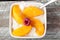 Cottage Cheese with Peaches in square bowl