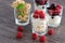 Cottage cheese with sour cream in a glass with fresh berries. Yogurt with berries. White currant in a glass.