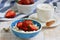 Cottage Cheese with Strawberries, Cup with Cappuccino Beverage Flowers Wooden Background Table Kitchen