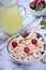 Cottage cheese topped with raspberries in a bowl