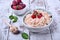 Cottage cheese topped with raspberries in a bowl