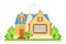 Cottage country house exterior flat design vector illustration. Sweet home facade front view clip art