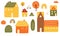 Cottage countryside Cute houses set. Rural houses collection. Autumn landscape buildings trees pumpkin