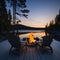 Cottage Dock with a Fire Pit with Flames at Sunset, Sunrise or Almost Dusk with Light Reflecting on the Calm Kaje