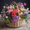 Cottage garden flowers in a woven basket. Mother\\\'s Day Flowers Design concept