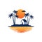 cottage home stay in the beach of island of country side village with sunset behind vector logo design