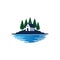 cottage home stay in front of pine tree forest and lake vector logo design