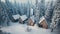 Cottage hotel in the winter forest. Wooden houses among tall forest.