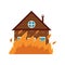 Cottage house burning, fire insurance concept icon