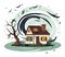 Cottage house engulfed by a tornado with a barren tree bending. Natural disaster and severe weather illustration