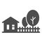 Cottage house with trees solid icon, Summer concept, Rural landscape sign on white background, farm house and trees icon