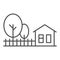 Cottage house with trees thin line icon, Summer concept, Rural landscape sign on white background, farm house and trees