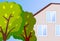 Cottage house vector illustration. Modern family villa house with green trees in the home garden