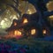 Cottage overgrown with ancient trees. Surreal mystical fantasy artwork. Generative AI