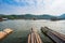 Cottage raft floating on river