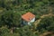 Cottage roof among trees and farmed fields