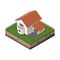 Cottage, Small Wooden House For Real Estate Brochures Or Web Icon. With Yard, Fence, Ground. Isometric Vector EPS10