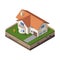 Cottage, Small Wooden House For Real Estate Brochures Or Web Icon. With Yard, Fence, Ground. Isometric Vector EPS10