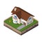 Cottage, Small Wooden House For Real Estate Brochures Or Web Icon. With Yard, Green Grass, Ground. Isometric Vector EPS10