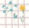 Cottagecore plaid gingham print wallpaper with blue and yellow flowers. Hand drawn doodle flowers