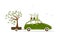 Cottager driving green car with tree in trailer