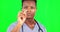 Cotton bud, black man face and doctor with green screen doing a a covid and healthcare test. Isolated, studio background